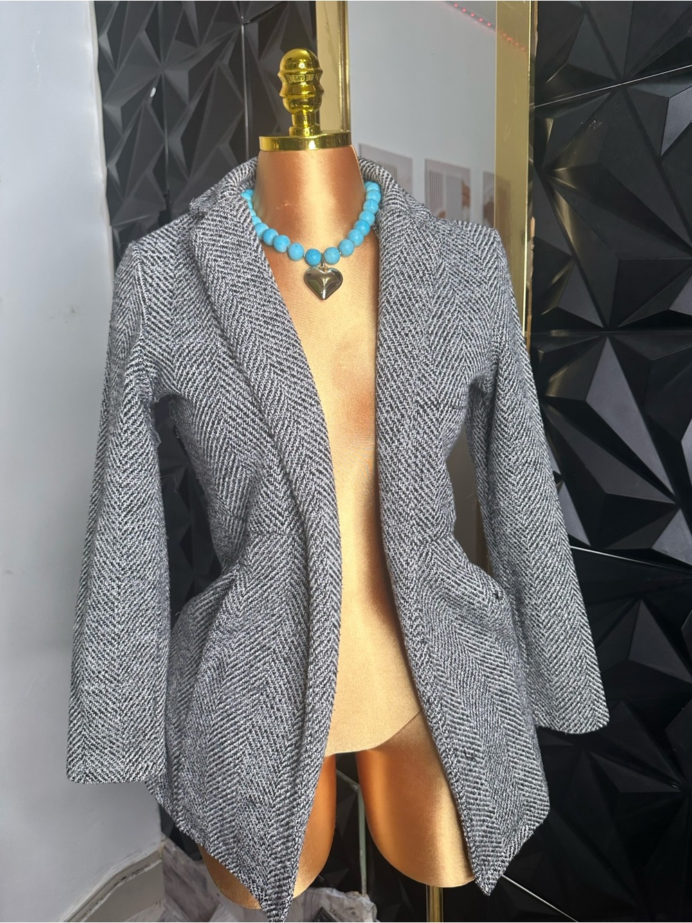 🔥🧥SHEIN Gray Herringbone Open-Front Tailored Blazer
